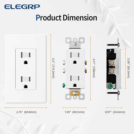 ELEGRP Matte White Tamper Resistant Decorator Wall Receptacle Outlet, 15A 125V Electrical Outlet, Residential Grade, Self-grounding, Screwless Wall Plate Included, UL Listed, 5 Pack