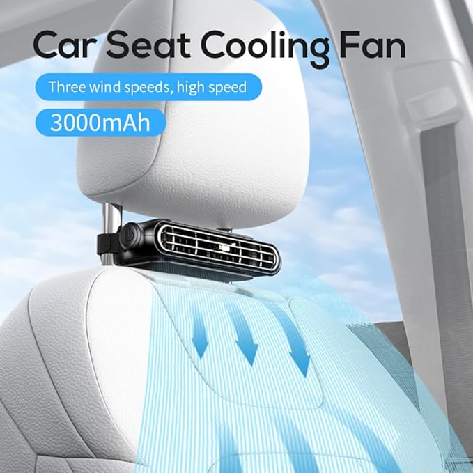 2-Pack Rechargeable Car Seat Fans – 3000mAh Battery Operated Clip-On Cooling Fans with 3 Speeds & Adjustable Angle – Quiet Portable Air Circulator for Kids, Pets, Camping & Travel