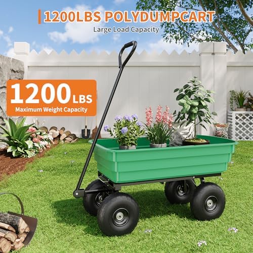 Heavy-Duty 1200 lb 6 Cu.Ft. Garden Dump Cart with 4-Wheel All-Terrain Design, 180° Pivot Handle & Quick-Release Tipping – Green Bucket with Black Iron Frame