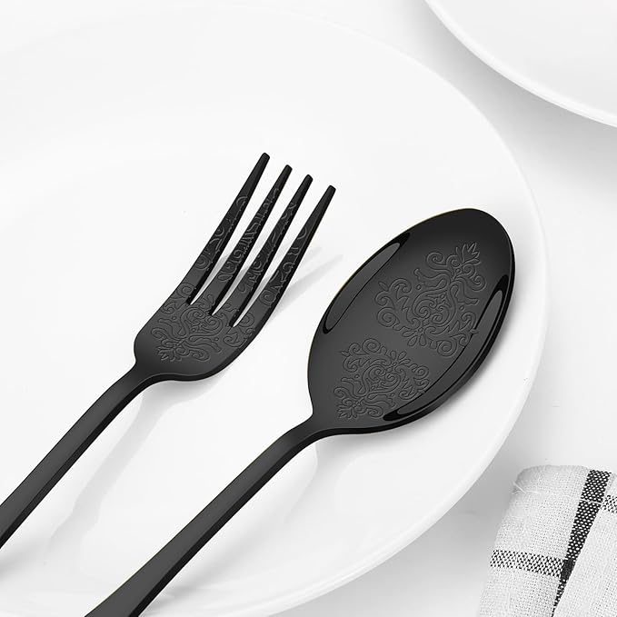 40 Pcs Black Silverware Set for 8 with Classical Flower Embossed Design, Food Grade Stainless Steel Flatware Set, Eating Utensils Sets Include Fork/Knife/Spoon, Cutlery Set, Dishwasher Safe