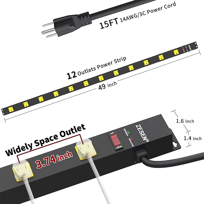 12 Outlet Industrial Long Power Strip with 15Ft Cord, 1875W Heavy Duty Metal Power Strip with Wide-Spaced Outlets & Overload Protection, ETL Listed for Garage, Workshop, Office, Home