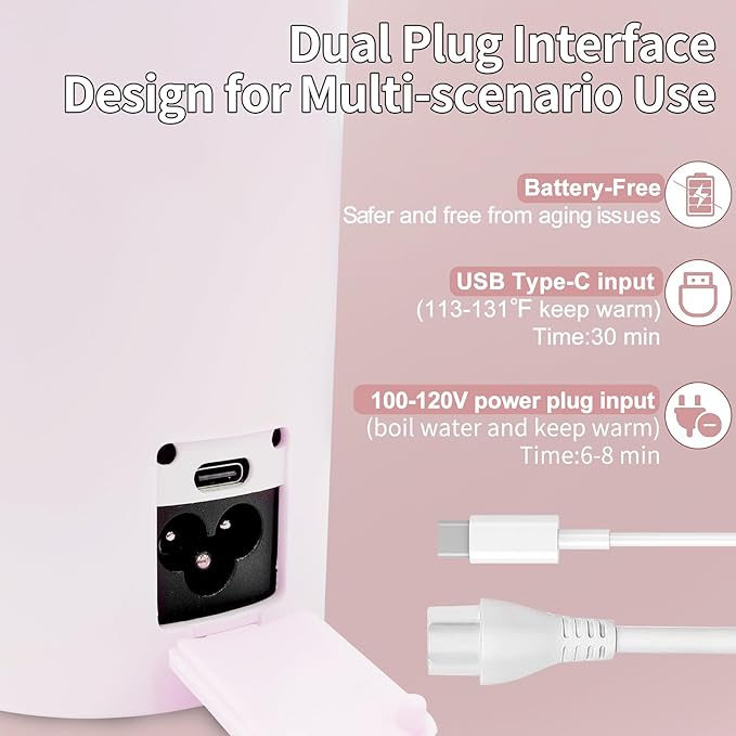 Portable Travel Electric Kettle with Plug-in Boiling & Keeps Warm via USB, 4 Temperature Settings, 304 Stainless Steel with Auto Shut-off, 16oz, Pink
