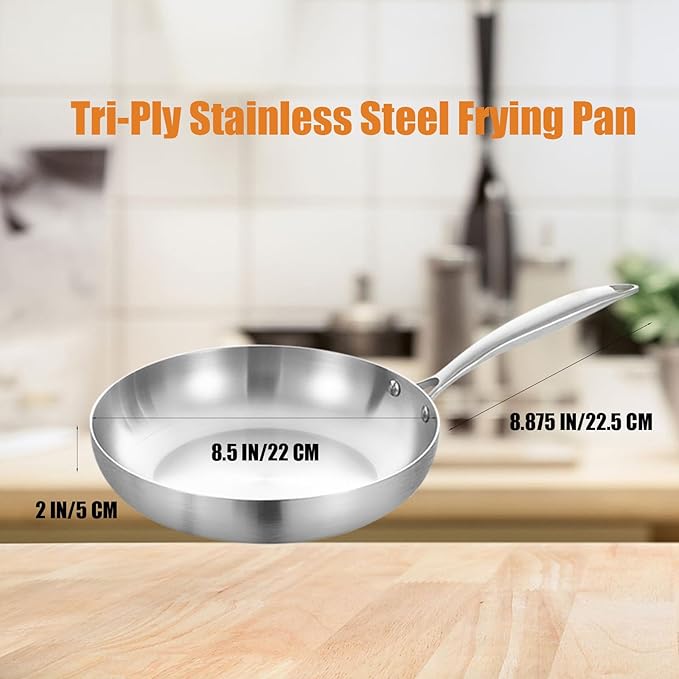 LOLYKITCH 8.5 Inch Tri-Ply Stainless Steel Frying Pan – Professional Skillet Fast & Even Heating, Induction & Oven Safe Cookware for Modern Home Kitchens, Detachable Handle
