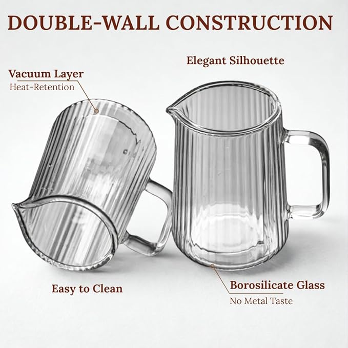 French Press Coffee Maker – Double-Wall Borosilicate Glass | Ribbed Manual Brewer with Stainless Steel Mesh Filter for Hot & Cold Coffee or Tea (34oz /1000ml)
