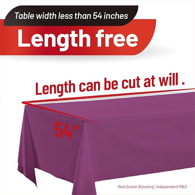 Plastic Table Cloth, 110 Ft X 54 in Plastic Table Cloth Disposable Purple Tablecloth with Any Cut Sliding Cutters Premium PEVA Disposable Tablecloth for Picnics, Parties, Birthdays, Festivals