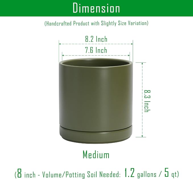 D'vine Dev 8.2 Inch Ceramic Planter Pot, Olive, 94-O-D-J | Modern Cylinder Design, Drainage Hole & Saucer Included, Stable Structure, Elegant Home Accent