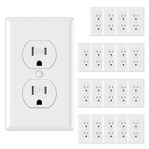 AIDA 20 Pack White Standard Duplex Electrical Wall Receptacle Outlet, 15A 125V, 2 Pole 3 Wire, Tamper Resistant, NEMA 5-15R, Self-Grounding, Wall Plate Included, UL Listed
