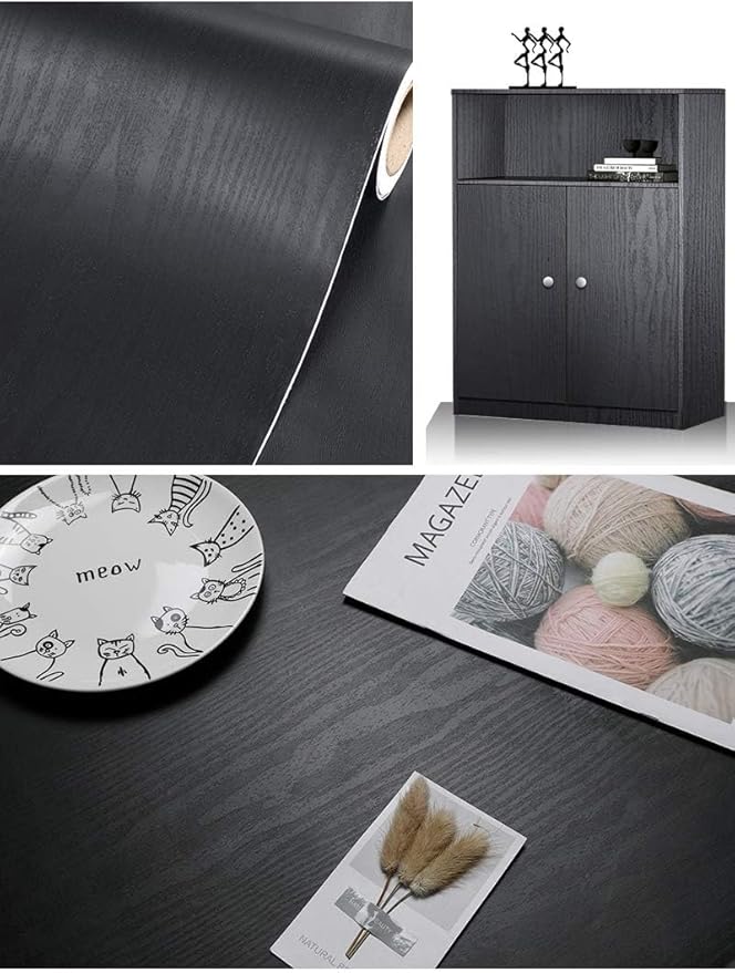 Black Wallpaper - Peel and Stick Wallpaper Wood – Black Wood Self-Adhesive & Removable Wall paper for Countertop Furniture Kitchen Wall, Countertop Contact Paper, Easy to Clean, 17.7” ×393” Vinyl