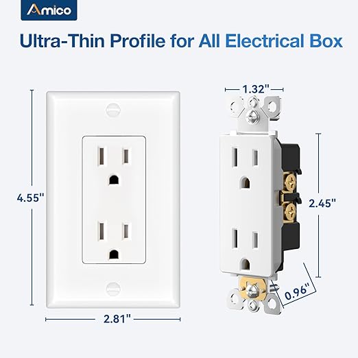 Amico 15 Amp Outlet, Standard Electrical Outlets, Tamper Resistant, 2-Pole 3-Wire Wall Outlet, 125V/1875W, NEMA 5-15R, for Home and Business, Screw Wall Plate Included, White, UL Listed, 1 Pack