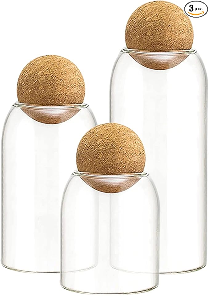 AEFPOYMXU 3 Pcs Glass Jars with Cork Ball Lid Set Kitchen Food Terrarium Airtight Clear Storage Canisters with Wooden Lids for Cookie Candy Coffee Bean Spice Sugar Rice