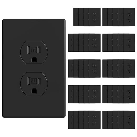 AIDA 50 Pack Matte Black Standard Duplex Electrical Wall Receptacle Outlet, 15A 125V, 2 Pole 3 Wire, Tamper Resistant, NEMA 5-15R, Self-Grounding, Wall Plate Included, UL Listed