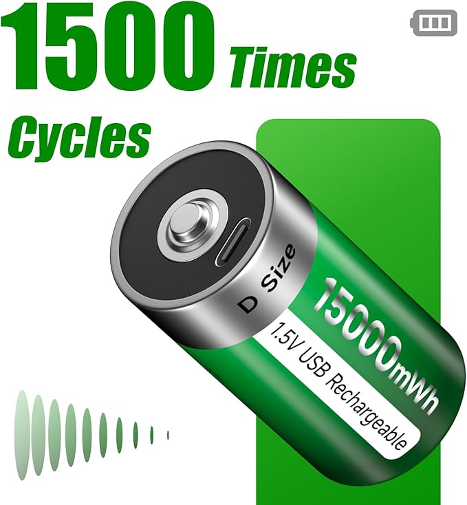Rechargeable D Batteries 6 Pack with USB-C Charging Cable, D Size Cell Battery 15000mWh for Flashlight Toys & Floodlight