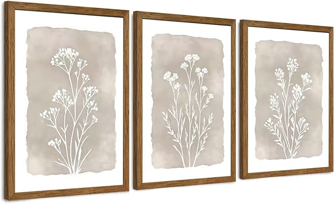 JLTULT 3 Piece Boho Beige Floral Wall Art, Minimalist Line Botanical Flower Wall Decor, Vintage Rustic Wildflower Art Prints for Living Room Bedroom Office Farmhouse Decoration 16x24 in Ready to Hang