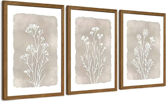JLTULT 3 Piece Boho Beige Floral Wall Art, Minimalist Line Botanical Flower Wall Decor, Vintage Rustic Wildflower Art Prints for Living Room Bedroom Office Farmhouse Decoration 16x24 in Ready to Hang