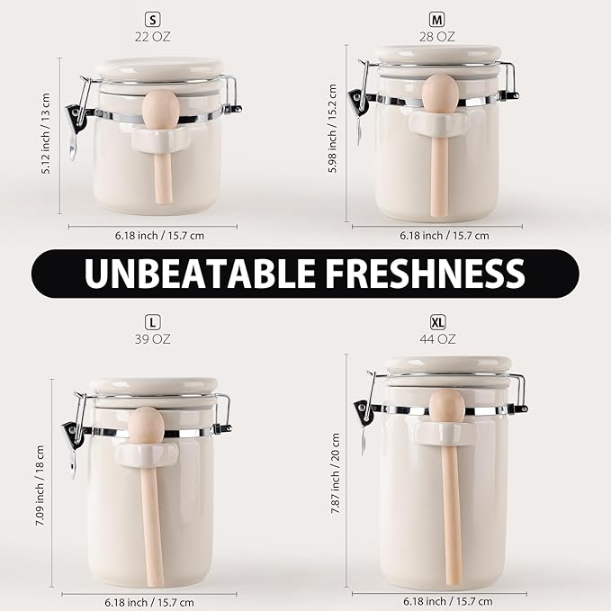 4-Piece Airtight Ceramic Canisters Set with Wooden Spoons & Chalk Labels – Perfect for Coffee, Sugar, Flour, Tea (Cream) – Stylish & Leakproof Kitchen Storage
