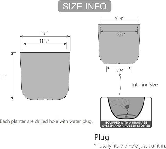 11 Inch Plant Pot, Modern Black Plastic Planter with Drainage Hole & Plug, Lightweight Weather Resistant Cylinder Flower Pot for Indoor Outdoor Use, Matte Black, 11" H x 11.6" Dia