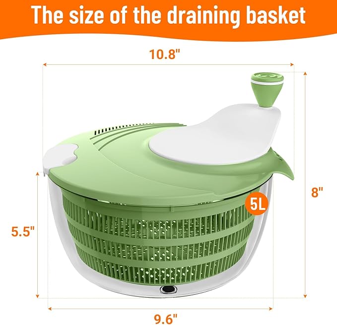 HomeHacks Salad Spinner Large Lettuce Spinner, Large Fruit Cleaner with Double Drainage Holes, 5 Chopping Blades, High Efficiency for Kitchen Washing & Drying Leafy Vegetables, Easy Press (Green)