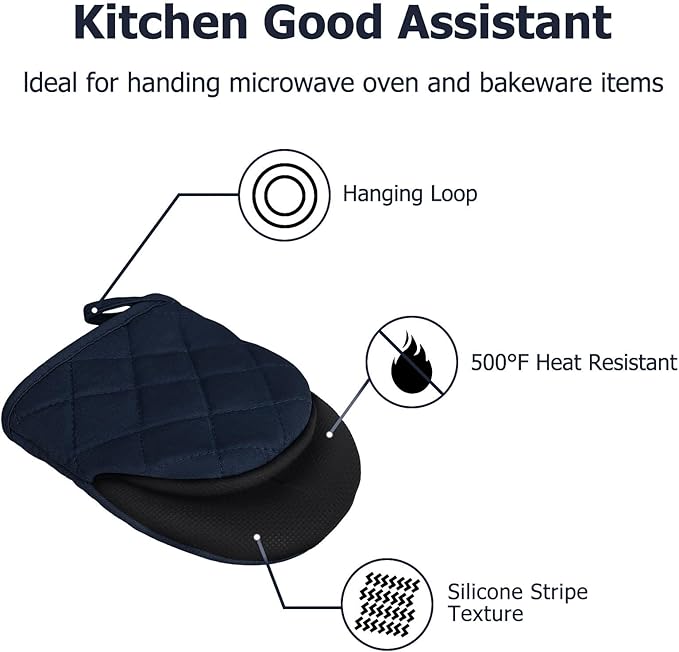 Short Oven Mitts, Heat Resistant 500°F, Silicone Grip Kitchen Gloves, Non-Slip for Baking, Grilling, BBQ, Machine Washable with Hanging Loop, 2-Pack Set, Navy Blue