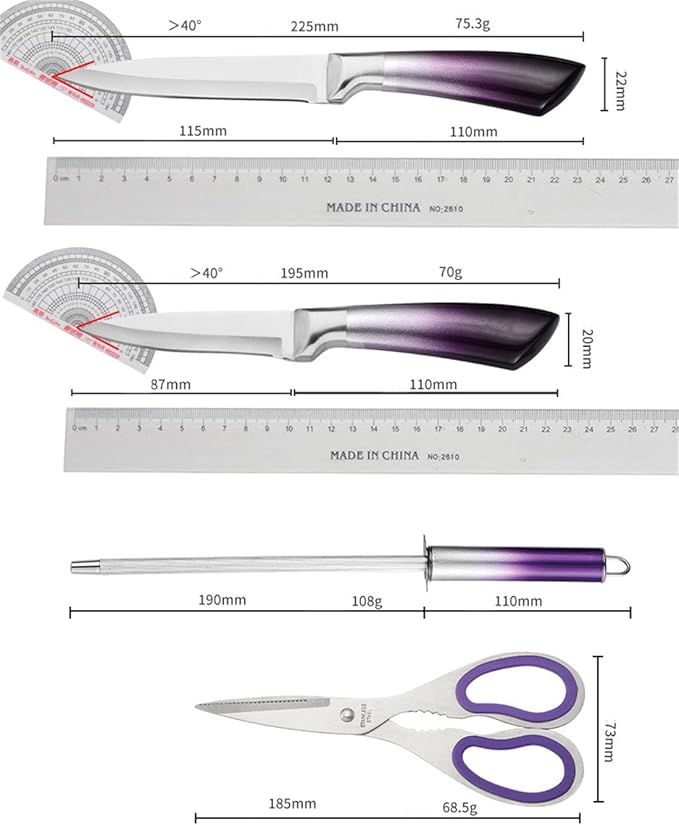 Kitchen Knife Set, 9 Pieces Purple Cleaver Knives Set with Rotatable Block, Non Stick Sharp Stainless Steel Chef Knife Set with Sharpener for Kitchen, Cooking Tools for Chefs Home Cooks (Purple)