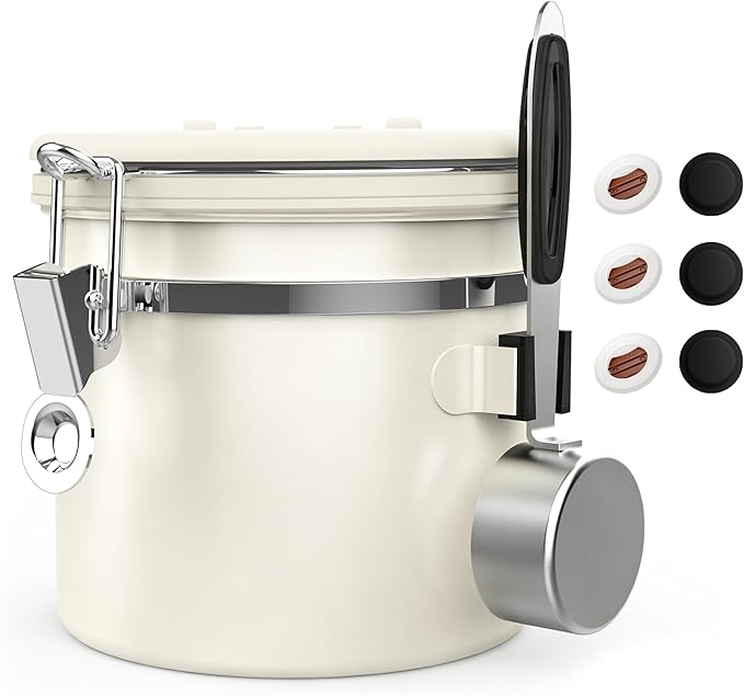 ShanSon Coffee Canister Airtight Coffee Container Stainless Steel Coffee Bean Storage Container with Scoop Coffee Canister for Beans Grounds Sugar Flour Tea Cereal,11OZ,Beige