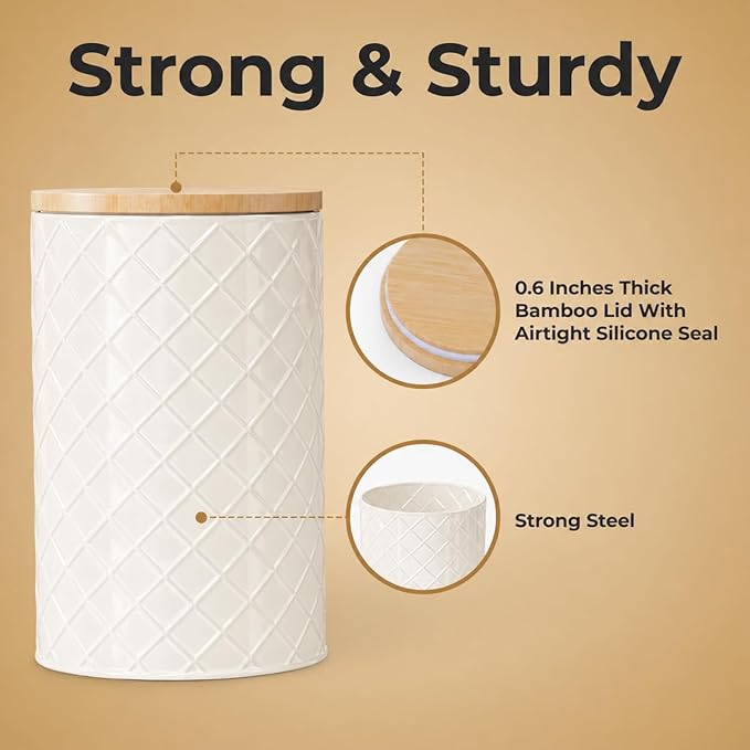 Pebble & Stem® Cream Metal Canister Set for the Kitchen Counter, Food Canister Set of 4, Airtight Lids, Sugar and Flour Containers for Countertops, Coffee and Tea Storage, Farmhouse Decor