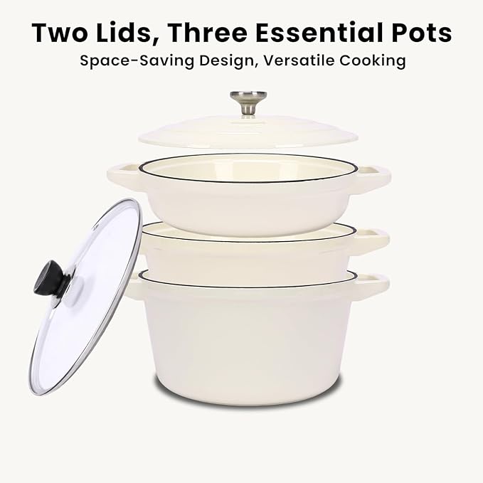 QuliMetal Enameled Cast Iron Set 5-Pc, 10" Stackable Space-Saving Cookware Set, Dutch Oven, Skillet, Grill Pan, with 2 Universal Lid, Versatile Enamel Dutch Oven, Included Spacers, White