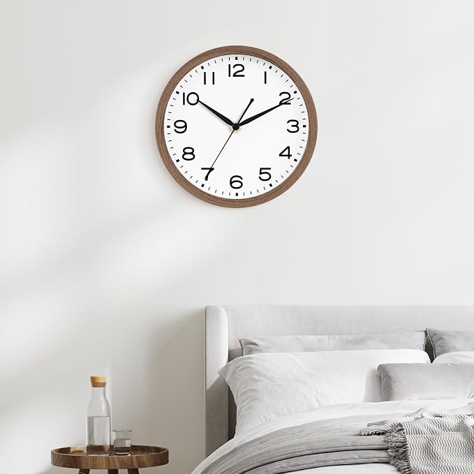 AKCISOT 10 Inch Wall Clock, Battery Operated Analog Clock, Silent Non-Ticking, Ideal for Bedroom, Bathroom, Kitchen, Office and School, Walnut