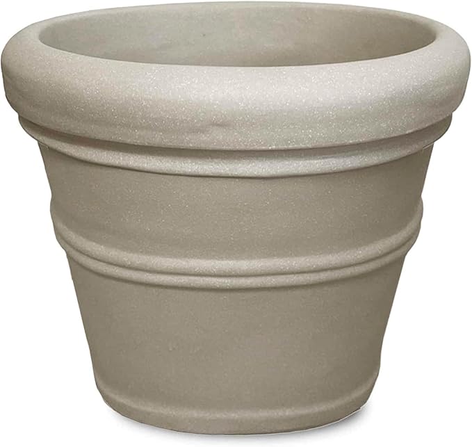 Crescent Garden Brunello Classic Rolled Rim Planter Pot, Indoor/Outdoor Weather-Safe Round Plant Pot, Small Plastic Houseplant Pot for Herbs, Succulents, Faux Plants - 12'' W (Parchment)