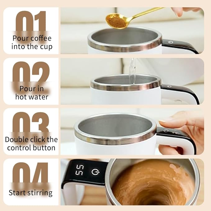 Rechargeable Automatic Magnetic Stirring Mug with Temperature Display, Self Stirring Coffee Cup for Home Office Travel, White with Detachable Stir Bar (White)