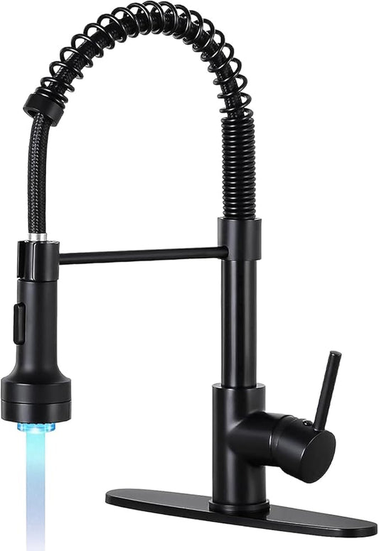 DJS Kitchen Faucets with Pull Down Sprayer LED Light Single Handle 1 or 3 Holes Spring Kitchen Sink Faucet with Deck Plate for Farmhouse RV Vessel Basin