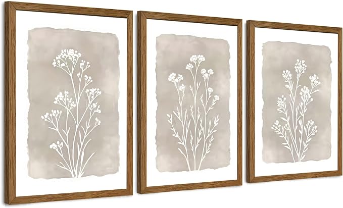 JLTULT 3 Piece Boho Beige Floral Wall Art, Minimalist Line Botanical Flower Wall Decor, Vintage Rustic Wildflower Art Prints for Living Room Bedroom Office Farmhouse Decoration 12x16 in Ready to Hang
