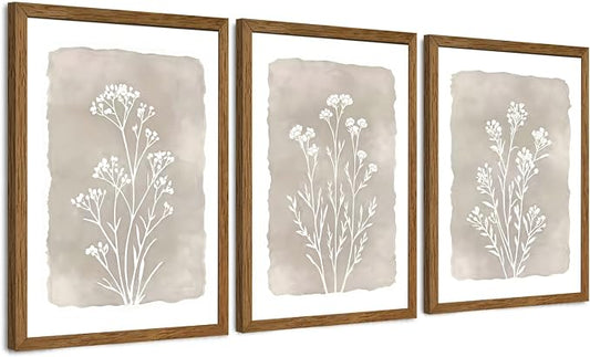 JLTULT 3 Piece Boho Beige Floral Wall Art, Minimalist Line Botanical Flower Wall Decor, Vintage Rustic Wildflower Art Prints for Living Room Bedroom Office Farmhouse Decoration 12x16 in Ready to Hang