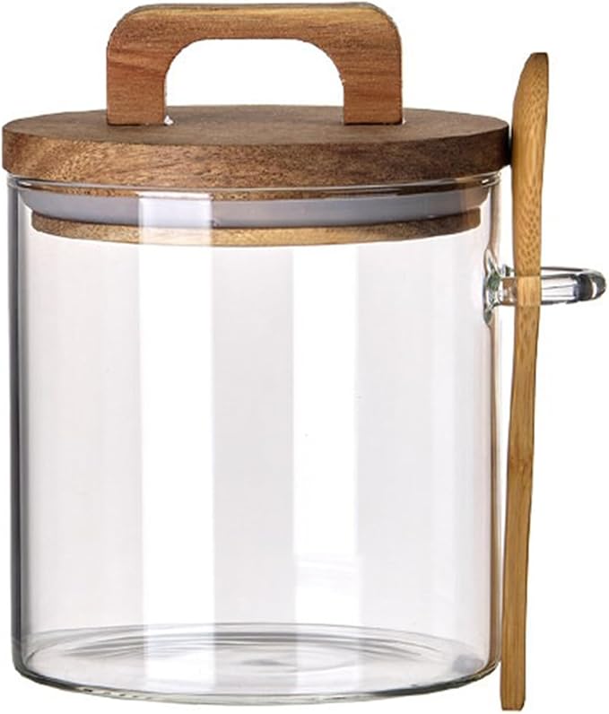 Coriario 24 OZ Glass Jar with Wooden Lid and Spoon Airtight Glass Candy Jars Wide Mouth Clear Glass Coffee Storage Canister Handle Lids for Food Sugar Cookie Tea Decorative