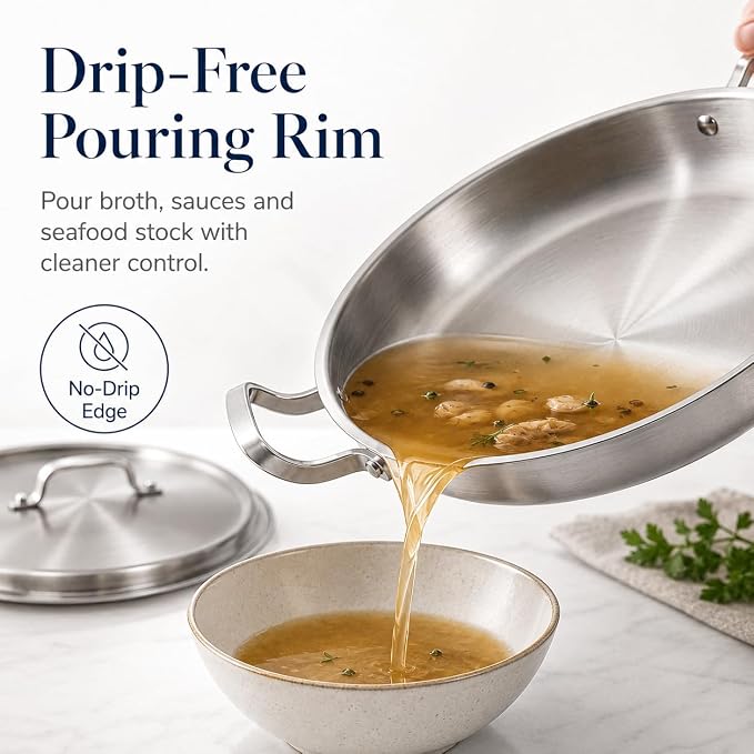 DELARLO 16 Inch Stainless Steel Paella Pan with Lid, 5-Ply Fully Clad,Jumbo Frying Pan for 12-14 Servings, PFOA & PTFE Free Skillet for Gas Stove, Great for Paella Parties Indoors Outdoors