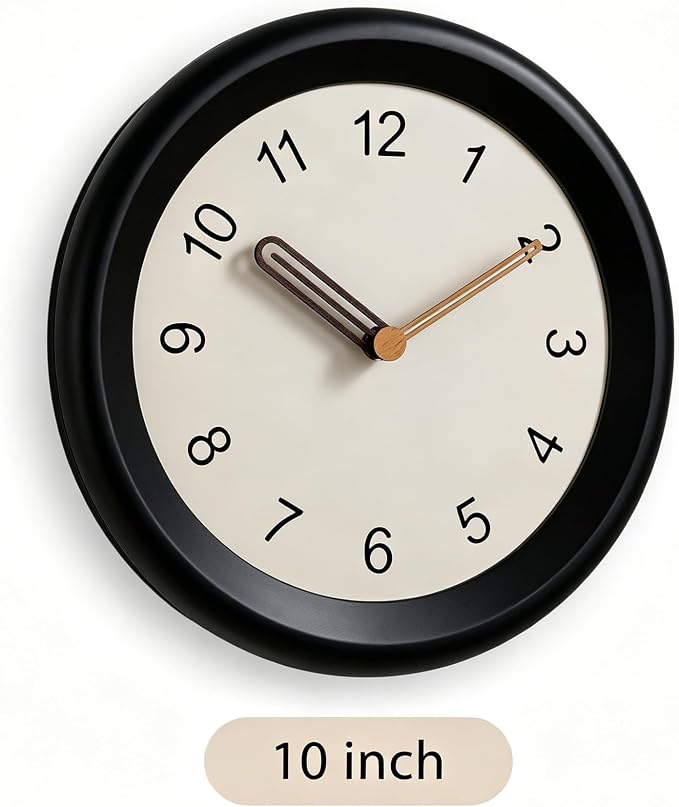 Mosewa 10 Inch Black Wall Clock Silent Non-Ticking Quartz Battery Operated Analog Clock with Wood Hands, Easy to Read Minimalist Round Clock for Kitchen Living Room Bedroom Office