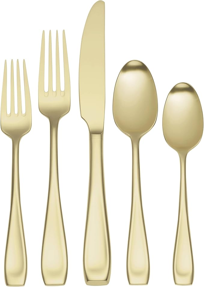 Oneida Silverware Set, Moda Satin Champagne 20 Piece Fine Flatware Set, Service For 4, 18/10 Stainless Steel, Dishwasher Safe, Cutlery Sets, Utensils Sets, Knives Spoons And Forks (Gold, 20 Pieces)
