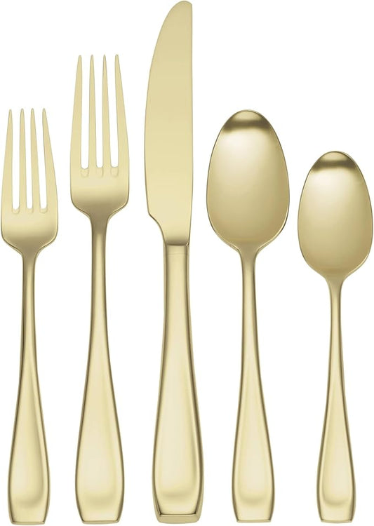 Oneida Silverware Set, Moda Satin Champagne 20 Piece Fine Flatware Set, Service For 4, 18/10 Stainless Steel, Dishwasher Safe, Cutlery Sets, Utensils Sets, Knives Spoons And Forks (Gold, 20 Pieces)