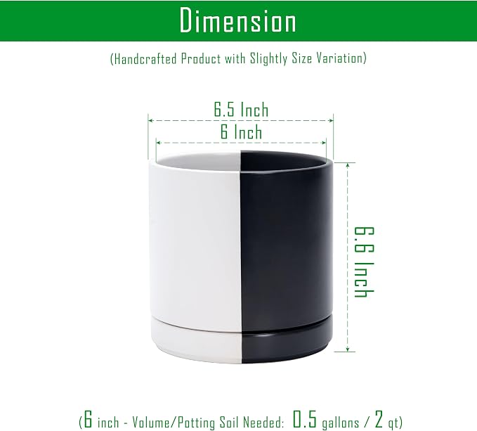 D'vine Dev 6.5 Inch Ceramic Planter Pot, Black White Split, 94-O-C-0 | Modern Cylinder Design, Drainage Hole & Saucer Included, Stable Structure, Elegant Home Accent