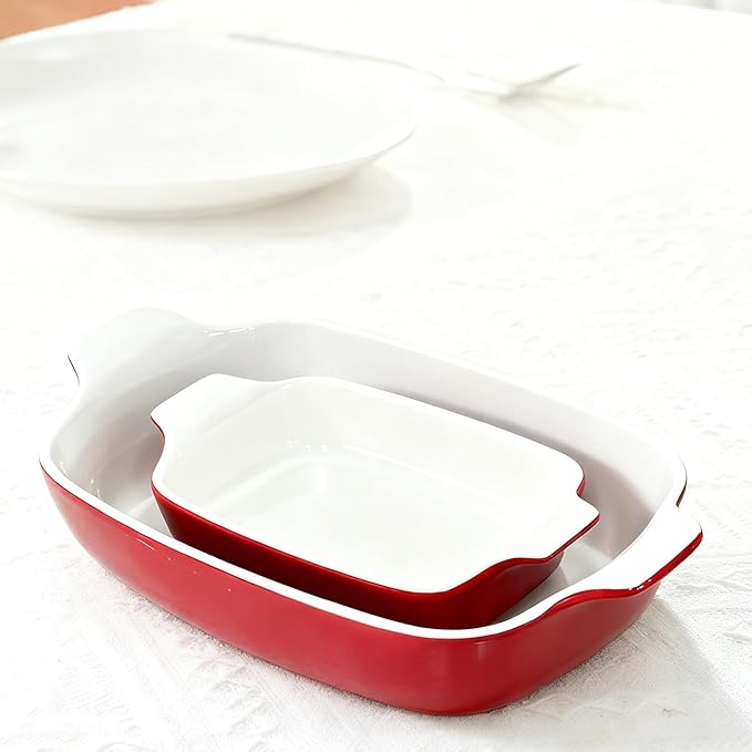 Domini Casserole Dishes for Oven, Ceramic Baking Dishes for Oven Set of 2, Lasagna Pan Deep, Baking Pan Set Square Casserole Dish Set with Handles for Baking, Pattern Red(13.6+9inch) Christmas