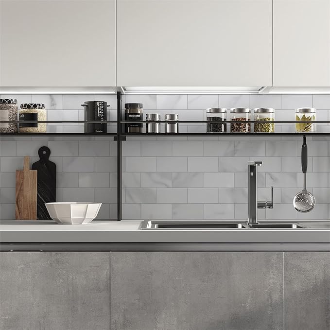 Colamo 6”×12” Swatch Peel and Stick Backsplash,Self Adhesive Faux Stone White Subway Tile for Kitchen, Glossy Carrara Brick Marble Tile Look,Stick on Accent Wall for Bathroom,Vanity,Laundry,Stove