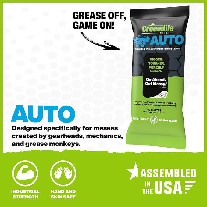 Crocodile Cloth Auto Cleaning Wipes – 10 XL (15" x 10") Disposable Wipes for Car Engine Degreasing, Body Detailing & Tire Cleaning – Cuts Grease, Oil, Adhesives on Hands, Tools, Parts & More