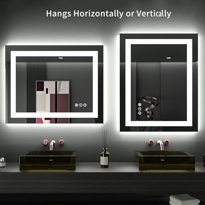 LOAAO 28"X32" LED Bathroom Mirror with Lights, Anti-Fog, Dimmable, Backlit + Front Lit, Lighted Bathroom Vanity Mirror for Wall, Memory Function, Tempered Glass, ETL Listed