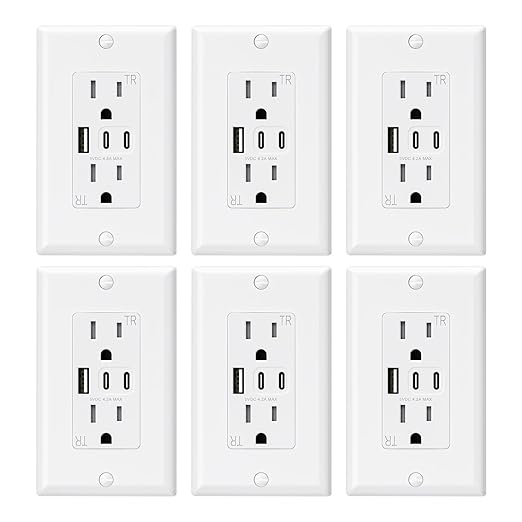 ELEGRP USB Outlets, 15 Amp Wall Outlet with 3 USB Ports, Dual USB C Ports Outlets, TR Tamper-Resistant USB Outlets Receptacles, Wall Plate Included, UL/CUL Listed, 6 Pack, White