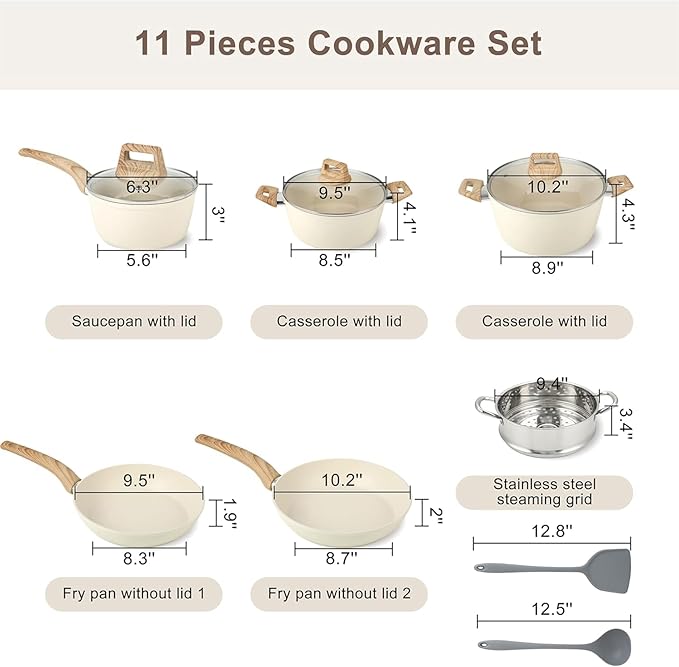 11 Pcs Pots and Pans Set, Nonstick Cookware Set with Lids and Wooden Handles, Silicone Spoons & Spatulas, Non-toxic Healthy Kitchen Cooking Set, PFAS & PFOA Free
