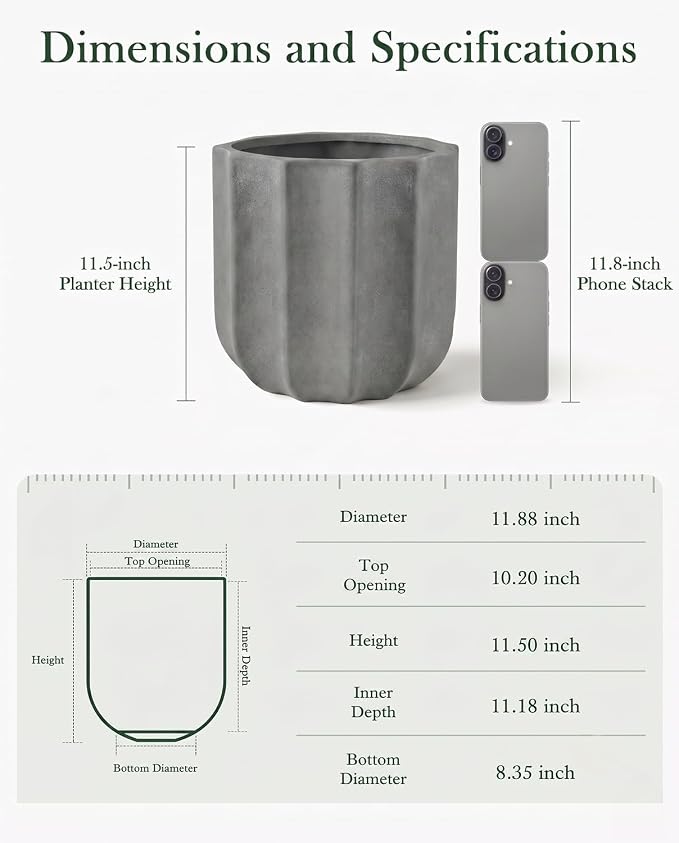 Large Ceramic Planter, 12 Inch Plant Pot with Drainage Hole & Removable Drain Plug, Decorative Flower Pot for Indoor Outdoor Plants, Modern Round Planter, Grey