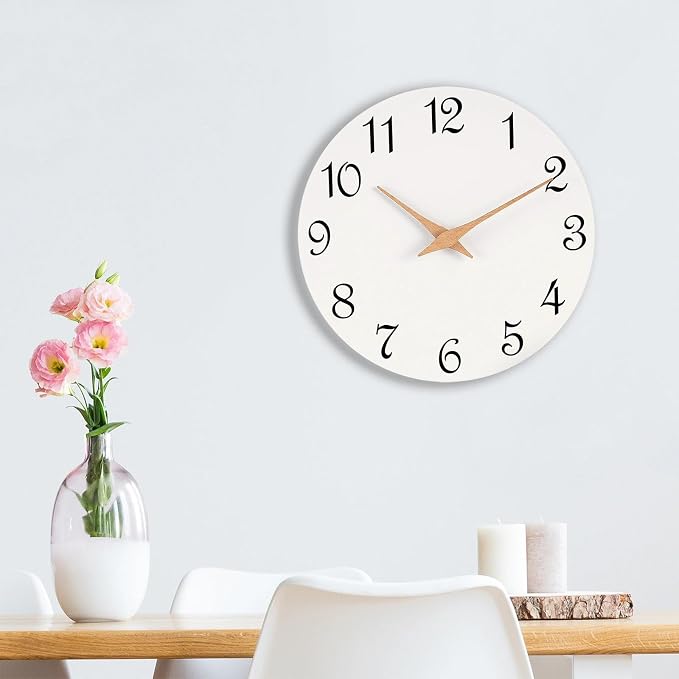 Mosewa Wall Clock White Silent Non Ticking Battery Operated Simple Minimalist Wooden Clock Decorative for Home Bedroom Living Room(14 Inch)