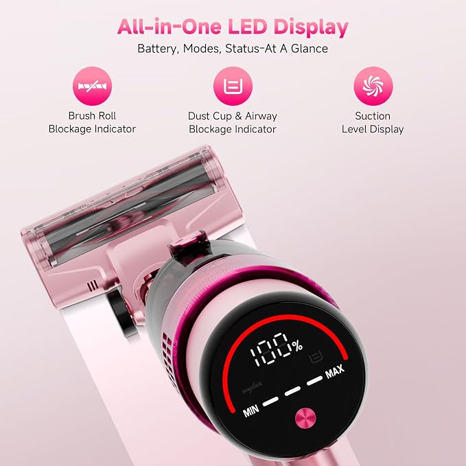 Cordless Vacuum Cleaner:Portable 6-in-1 Stick Vacuum with Anti-Tangle Brush | LED Headlight, Self-Standing, HD Display, Rechargeable Vacuum for Pet Hair, Low-Pile Carpet and Hardwood Floor-Dark Pink