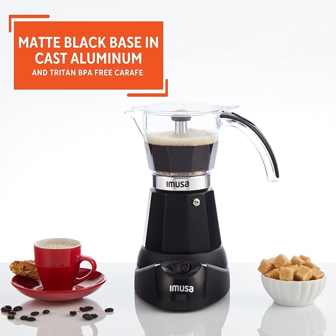 IMUSA 6 or 3 Cup Electric Espresso Maker with Cool-touch Handle, Black | Bare Cast Aluminum Finish, Detachable Cool-Touch Base, Ideal for Cuban Coffee, Perfect for Entertaining