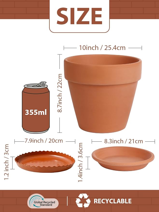 INGOFIN Terracotta Pot Set of 2 with Saucer - 10 Inch Ceramic Clay Pot for Plants with Drainage Hole, Large Terra Cotta Flower Planter with Tray for Indoor Outdoor Plants