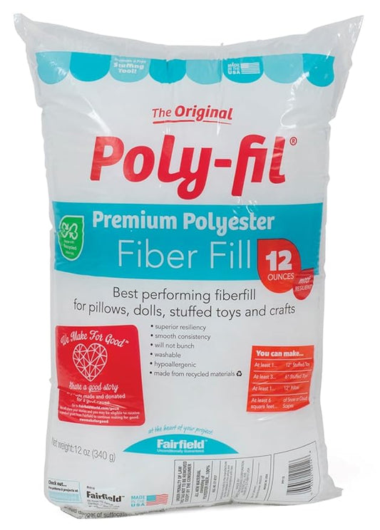 Fairfield The Original Poly-Fil, Premium Polyester Fiber Fill, Soft Pillow Stuffing, Stuffing for Stuffed Animals, Toys, Cloud Decorations, and More, Machine-Washable Poly-Fil Fiber Fill, 12 oz. Bag